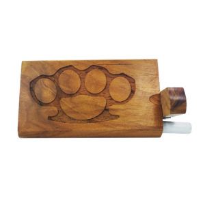 Wood One Hitter Box Laser Etched with Brass Knuckles Theme and FREE 3" Reusable Aluminum Cigarette