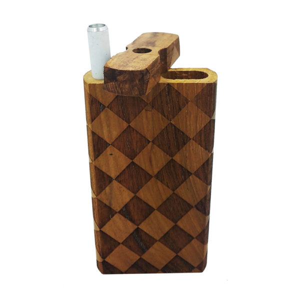 Wood One Hitter Box with Laser Etched Checkerboard Theme and FREE 3" Reusable Aluminum Cigarette