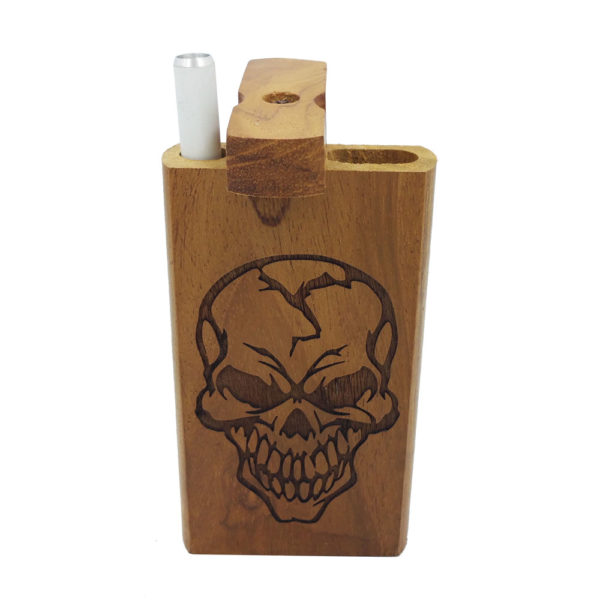 Wood one hitter box with laser etched Skull Theme and FREE 3" Reusable Aluminum Cigarette