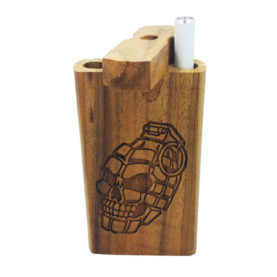 Wood One Hitter Box with Laser Etched Skull Grenade Theme and FREE 3" Reusable Aluminum Cigarette
