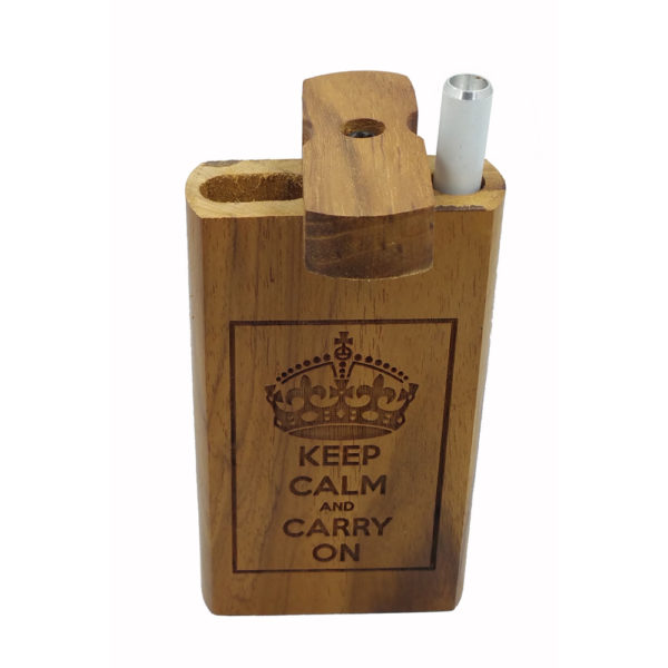 Laser Etched Wood One Tobacco Box with Keep Calm or Carry On Theme and FREE 3" Reusable Aluminum Cigarette