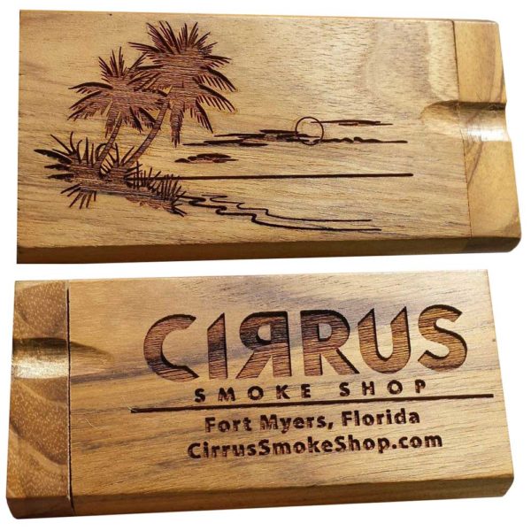 Wood One Hitter Dugout Custom Etched with Beach Theme and Custom Logo for Cirrus Smoke Shop in Ft, Myers, Florida.
