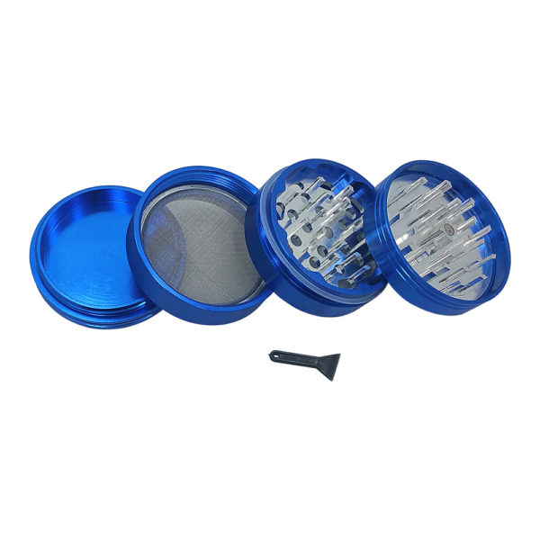 blue 4 piece hex grinder with kief scraper example for weed