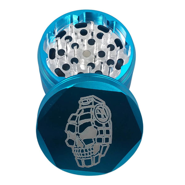 4Piece Blue Grenade Skull Pot Grinder with Kief Catcher and Free Scraper