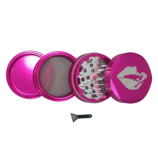 4Piece Pink Kiss Of Death Weed Grinder with Kief Catcher and Free Scraper