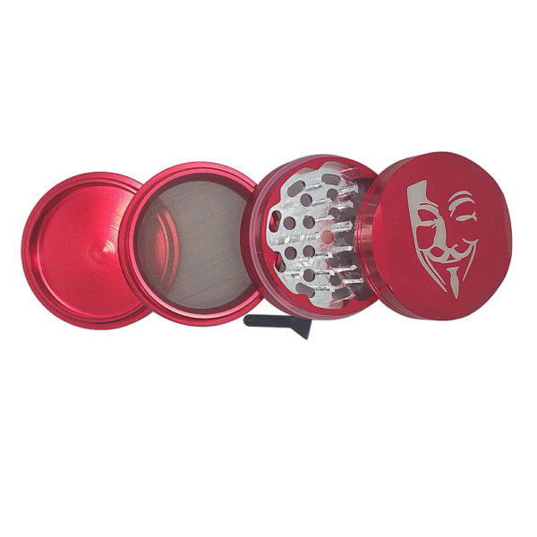 4Piece Red Anonymous Weed Grinder with Kief Catcher and Free Scraper