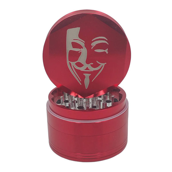 4Piece Red Guy Fawkes Herb Grinder with Kief Catcher and Free Scraper