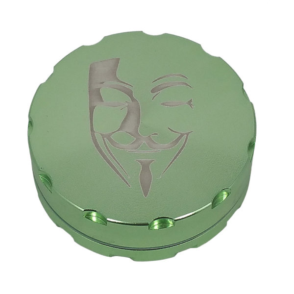 Front View Green 2 Piece Guy Fawkes Anonymous Hemp Grinder