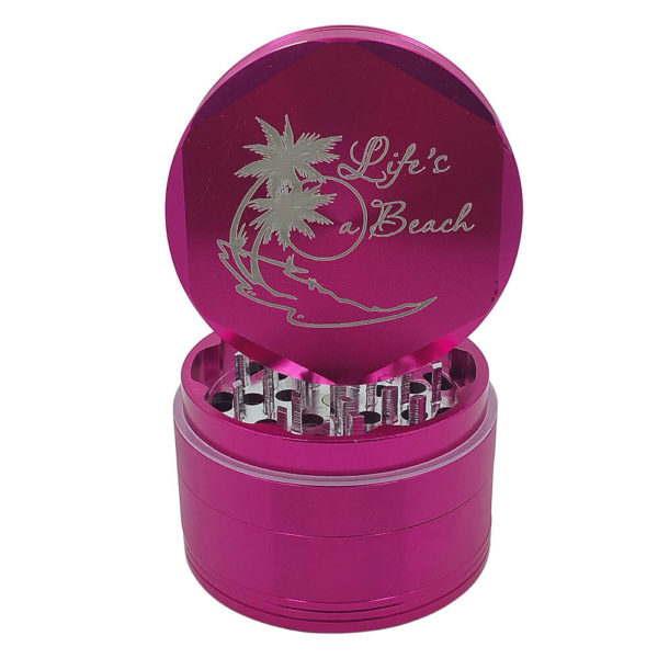 4Piece Life's a Beach Cannabis Grinder with Kief Catcher and Free Scraper in Pink