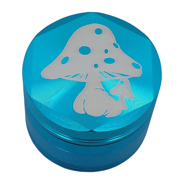 4Piece Mushroom Hemp Grinder in Blue with Kief Catcher and Free Scraper