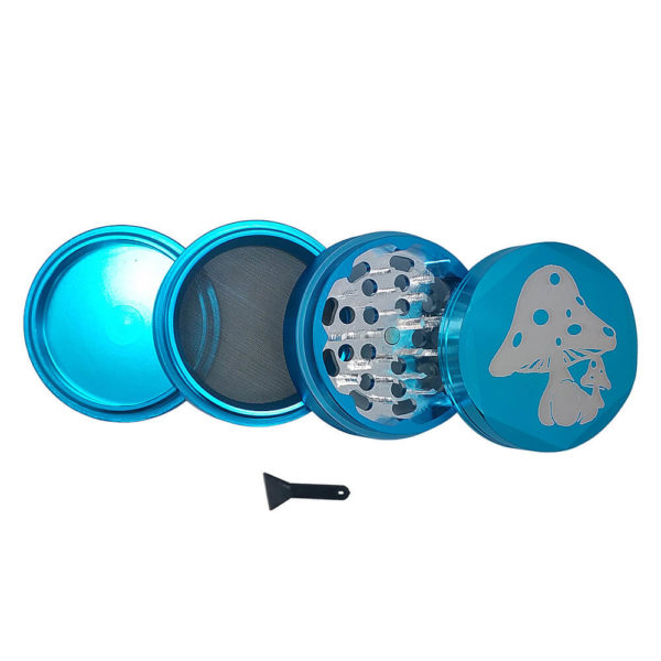 4Piece Shroomie Weed Grinder in Blue with Keef Catcher and Free Scraper
