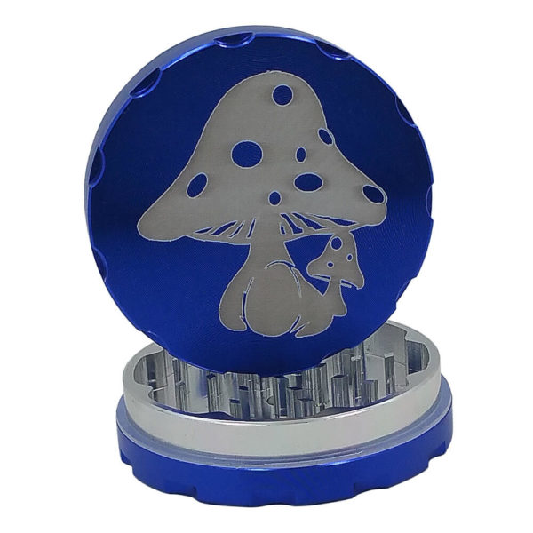 2-piece blue weed grinder with mushrooms on front