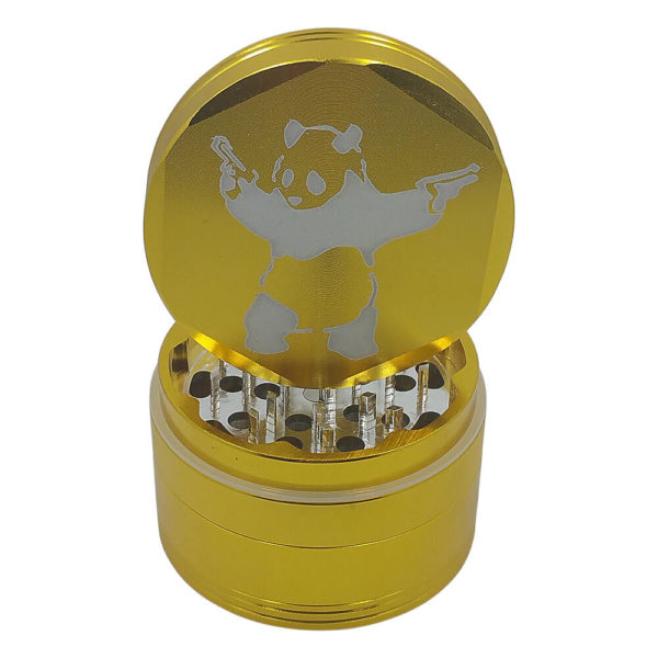 4Piece Panda with Pistols Smoke Grinder in Gold with Kief Catcher and Free Scraper