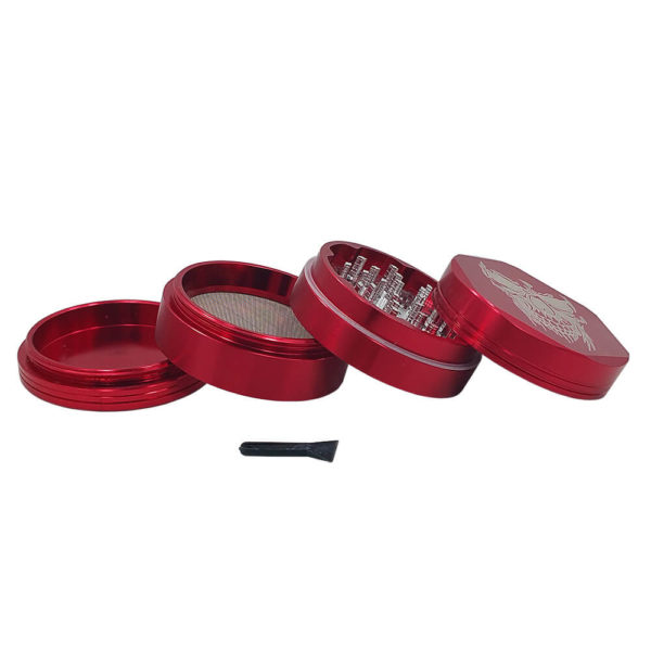 4Piece Smiling Skull Weed Grinder in Red with Kief Catcher and Free Scraper