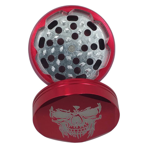 4Piece Smiling Skull Smoke Grinder in Red with Kief Catcher and Free Scraper
