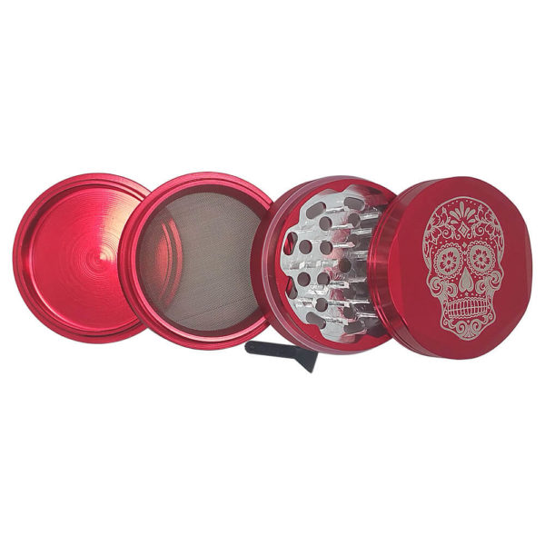 4Piece Day of the Dead Weed Grinder in Red with Kief Catcher and Free Scraper