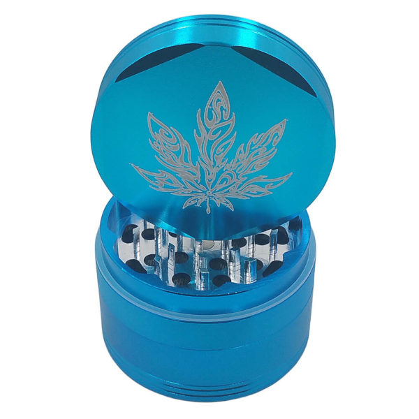 4Piece Tribal Tattoo Style Weed Leaf 420 Grinder with Kief Catcher and Free Scraper in Blue