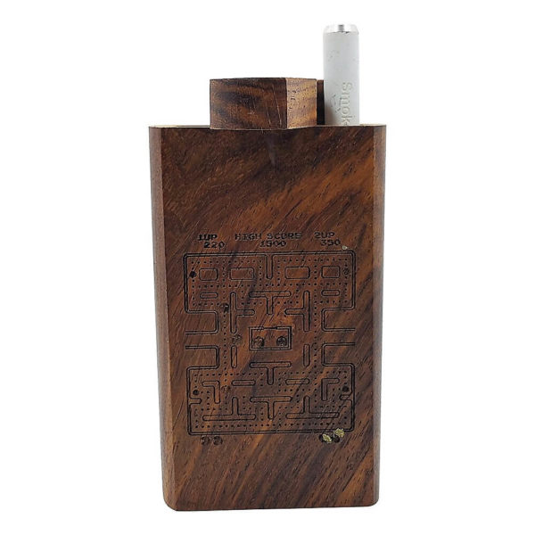 Wood One Hitter Box with Laser Etched Pac Man Theme and FREE 3" Reusable Aluminum Cigarette