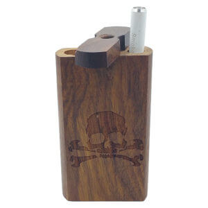 Wood One Hitter Box with Laser Etched Skull and Crossbones Theme and FREE 3" Reusable Aluminum Cigarette